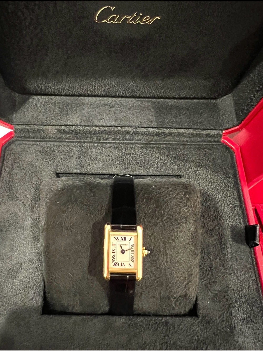 Cartier Gold Case Watch with Black Strap TANK LOUIS CARTIER WATCH